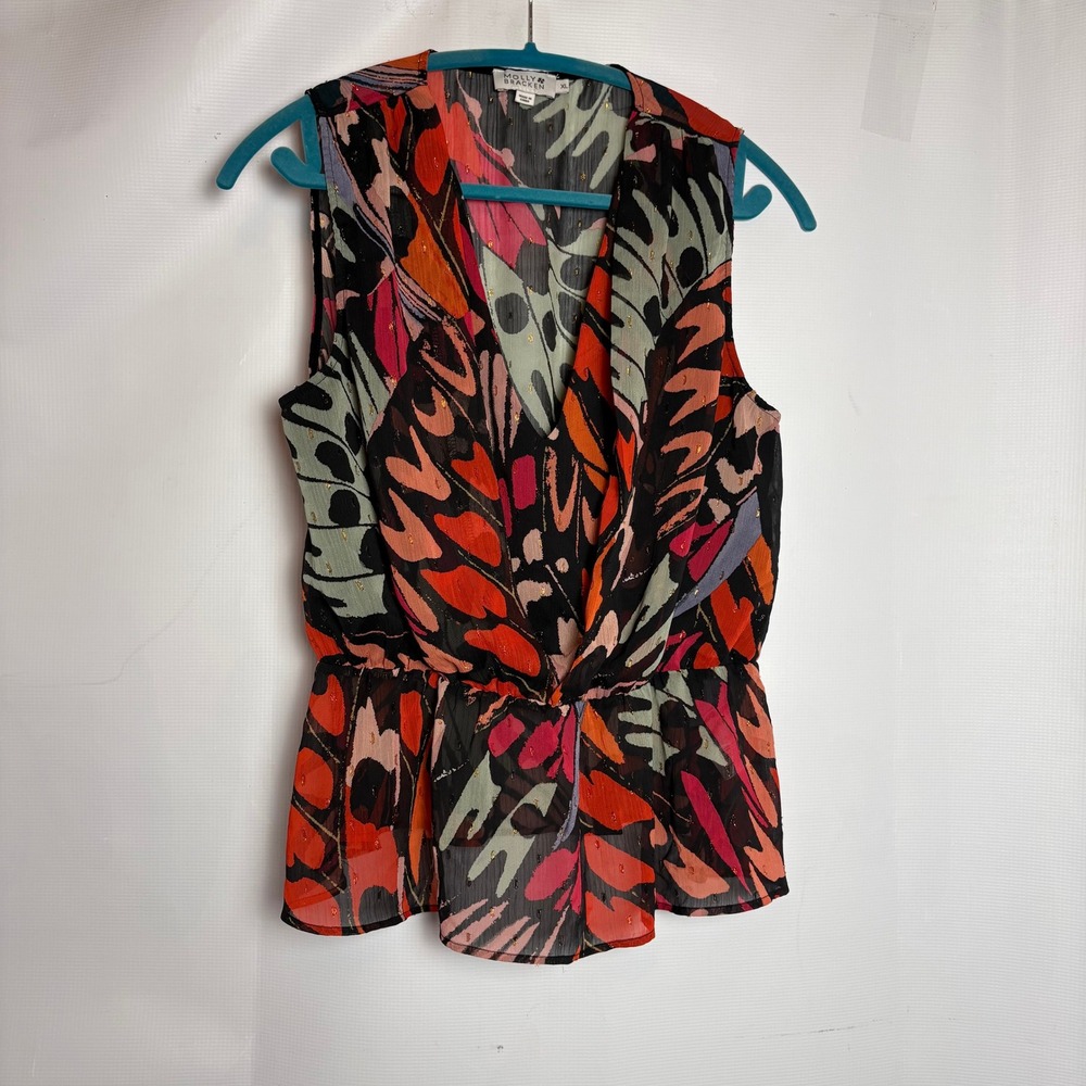 Molly Bracken Womens XL Butterfly Print Sleeveless Surplice Peplum Blouse Fairy